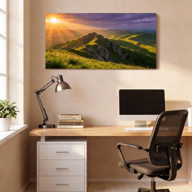Ensemble de 1 tableau sur toile représentant un coucher de soleil sur une montagne, 3216