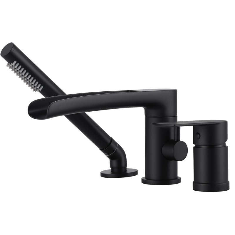 Waterfall Deck-Mount Roman Tub Faucet With Hand Shower, 3-Hole Single Handle Bathtub Faucet, Matte Black