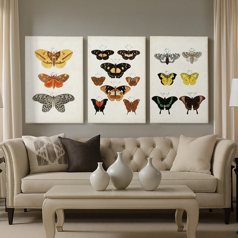 Papillons rétro IV - Toile tendue avec châssis sur mesure - 3 pièces, H 12 po x l 24 po