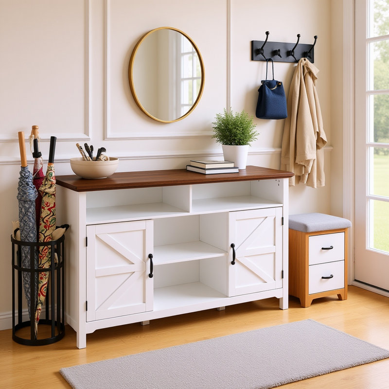 Armoire de style campagnard avec portes de grange, armoire de rangement de 58 po de largeur avec tablettes réglables