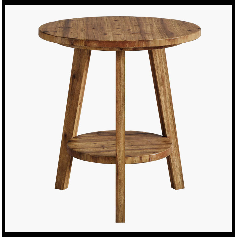 Solid Wood Round End Table, Farmhouse Sofa Side Table With Storage Shelf