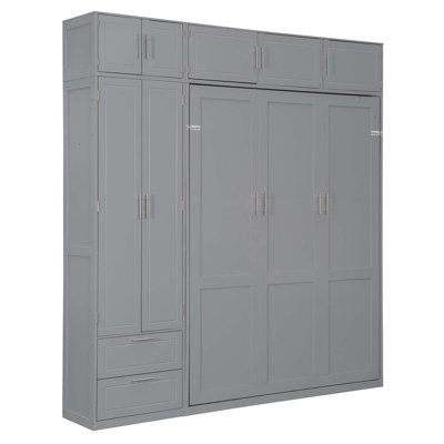 Queen Size Wall Murphy Bed with Top Cabinet,Shelves  and  Wardrobe, Space Saving Foldable Bed
