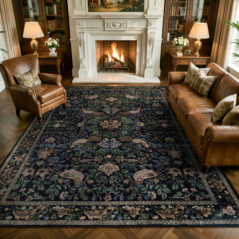  Tapis lavable floral vert forêt, tapis traditionnel antidérapant rétro pour le salon, la salle à manger et la chambre à coucher, revêtement de sol style chalet