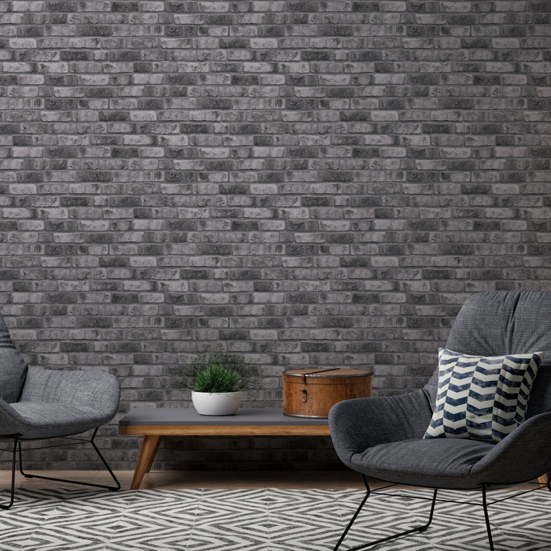 Rouleau de papier peint effet brique patiné Bricks and More Collection, Gris foncé