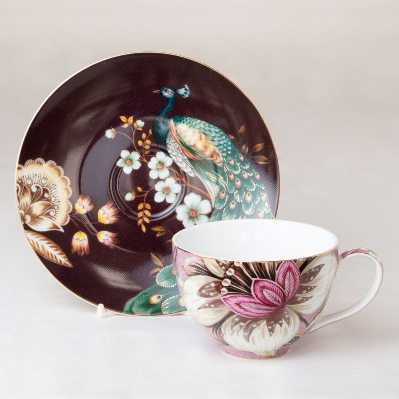 Grace Tea Ware Royal Peacock Lotus Garden Teacups & Saucers, Set of 4