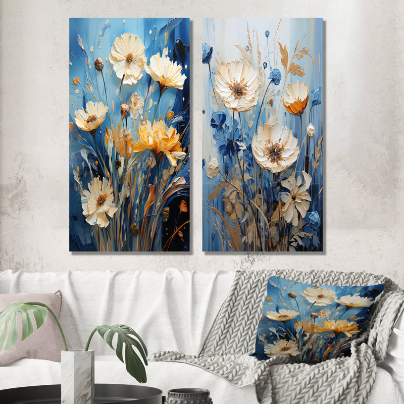«White Calm Cornflowers Meadows I», ensemble de 2 reproductions d'art mural, H 28 po x l 25 po, Toile tendue