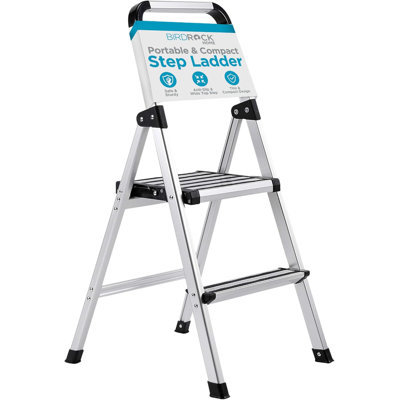 2-Step Aluminum Step Ladder - Lightweight Foldable Stepladder With Wide Non-Slip Steps - Ideal For Kitchen, Pantry, Closets, And Home Office - Space-Saving Design - Indoor Use - Silver