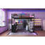 Lit mezzanine en métal avec garde-robe et bureau en L, lit mezzanine double avec cubes de rangement et tablettes