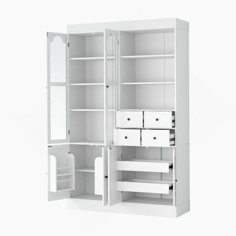 Armoire décorative, buffet autoportant, garde-manger avec tiroirs, tablettes et plateaux coulissants, Blanc