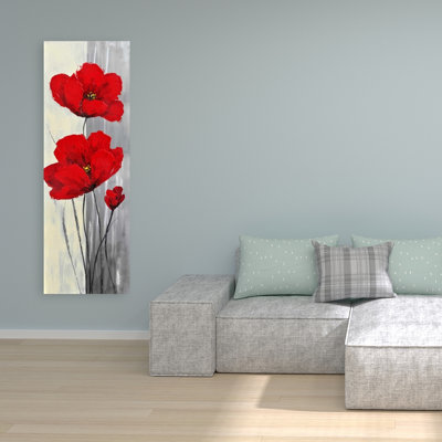 Fleurs rouges sur toile | Fond gris | Décoration de chambre à coucher moderne
