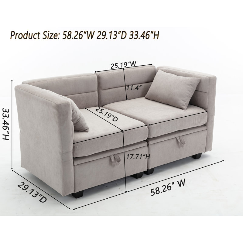 Calkins Loveseat Modular Sofa With Storage Seat, Adjustable arms&backrest, Light Gray