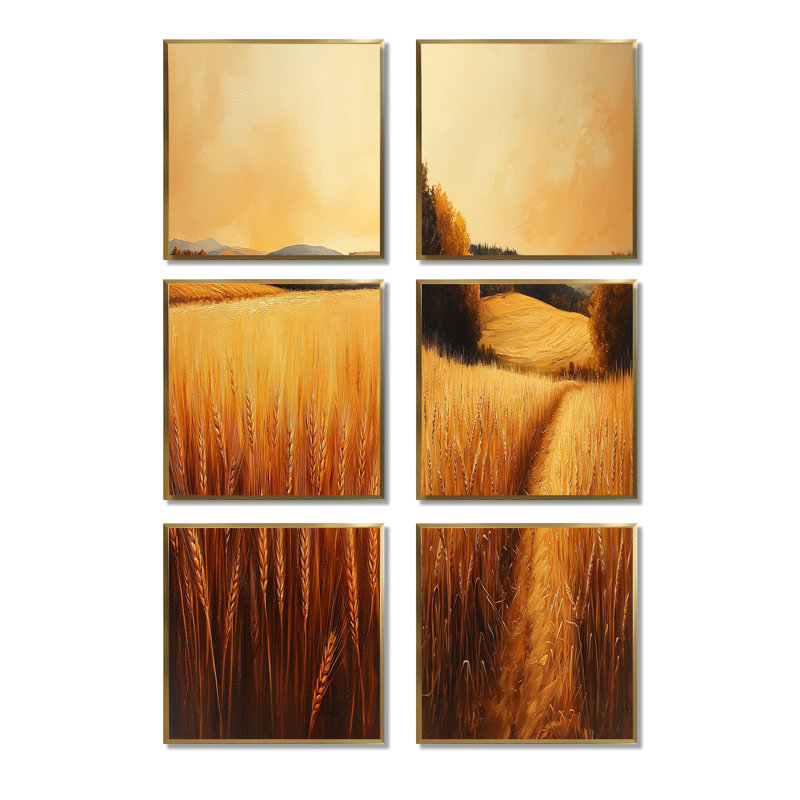 «Orange Pale Wheat Harvest», ensemble de 6 impressions sur toile de paysage de ferme, Impression encadrée sans passe-partout