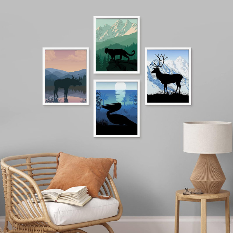 «Moose Mountain Mountain», ensemble de 4 animaux encadrés sur papier, impression encadrée sur papier, 4 pièces, Blanc