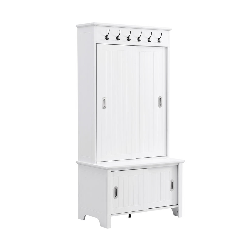 Arbre d'entrée multifonctionnel avec portes coulissantes, banc de rangement pour chaussures et tablettes, Blanc