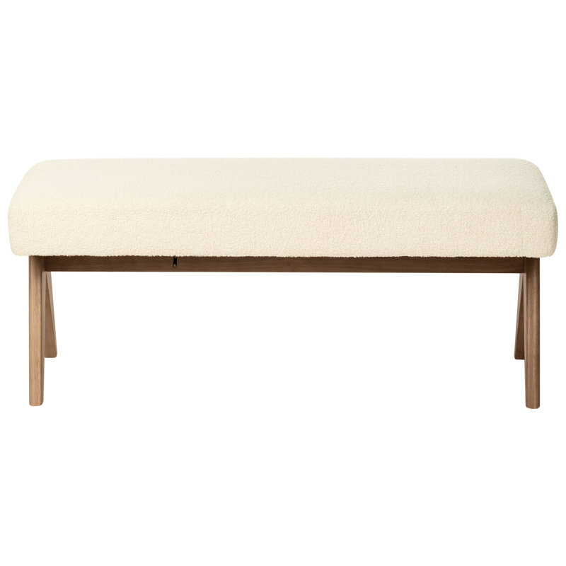 Bench Drumheller Boucle, White, Dark Brown Wood