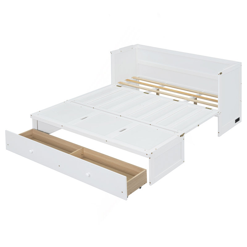 Lit escamotable avec port USB et grand tiroir, Blanc, Queen