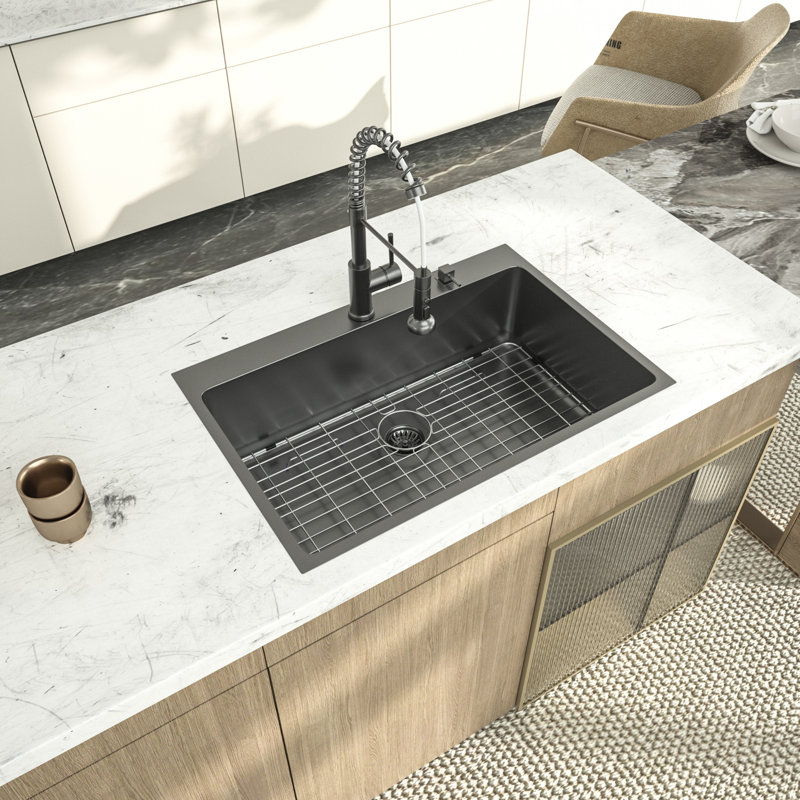 33'' L Drop-In Single Bowl Stainless Steel Kitchen Sink, Black