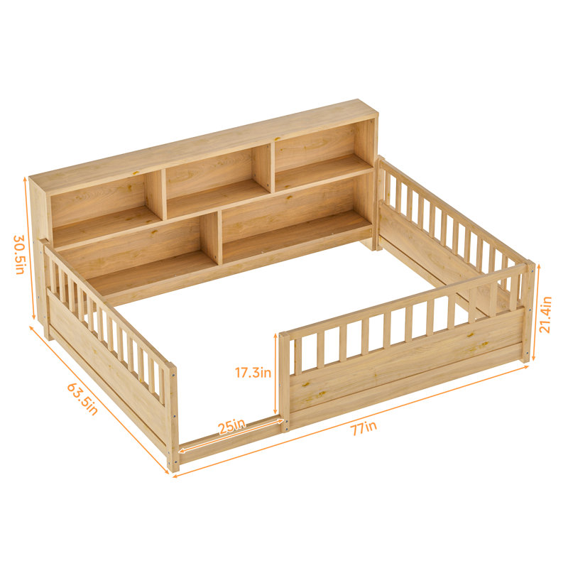 Kids Wooden Floor Bed with Fence-Style Guardrails and Built-In Bookcase Storage, Natural, Full