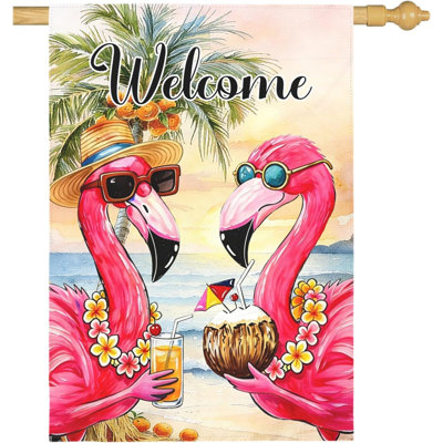 Drapeau de jardin « Bienvenue » Flamant rose, scène tropicale de plage, drapeau de cour, drapeau d'été côtier, île, double face, polyester, flamant rose, drapeau de maison pour pelouse, piscine, palmier, bord de mer, décoration 71 x 102 cm