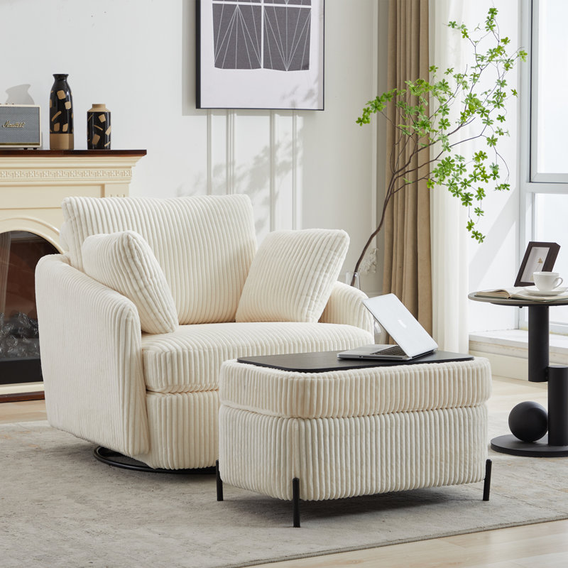Fauteuil pivotant rembourré avec repose-pieds l 40,53 po, Velours côtelé ivoire
