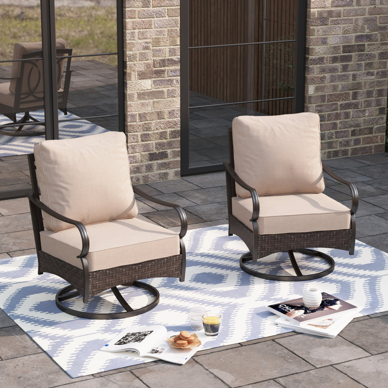 Swivel Patio Lounge Chairs With Cushions (set Of 2), Beige