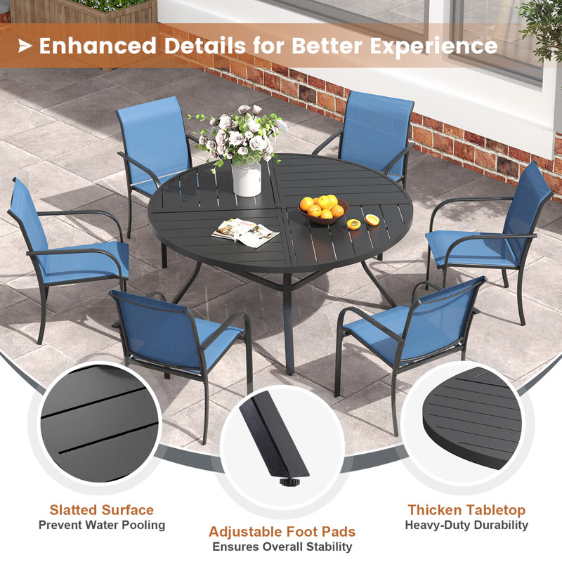 Outdoor Patio Dining Set - 47'' Round Table with Umbrella Hole + 6 Stackable Chairs, Blue/Black