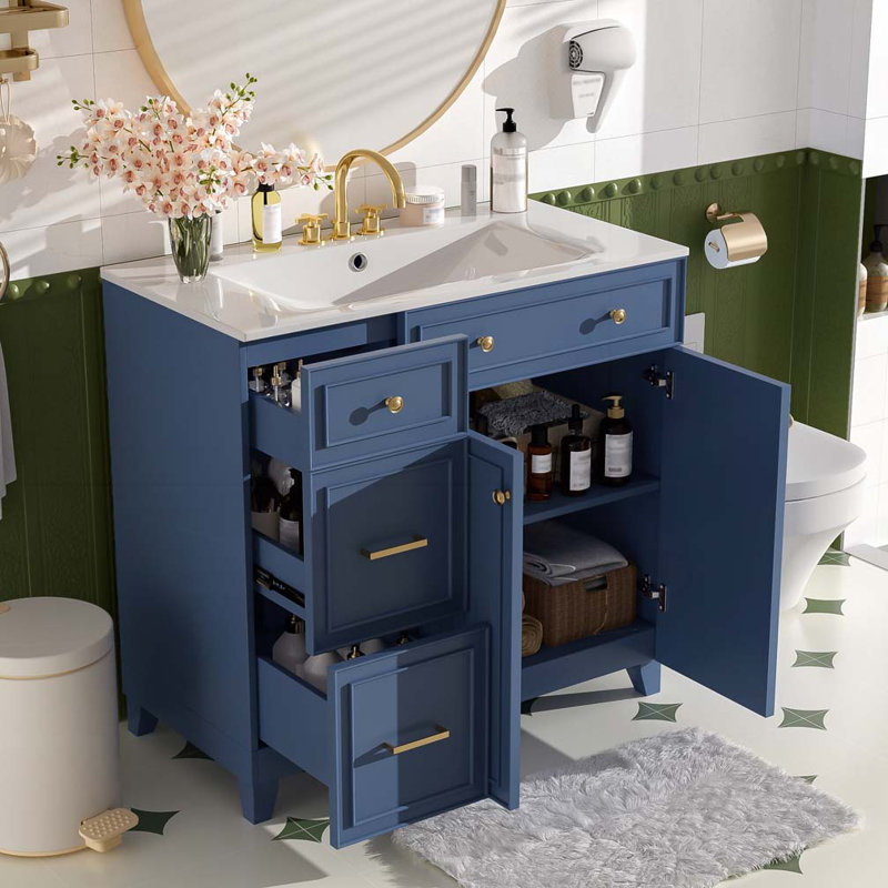 Meuble-lavabo de salle de bain avec lavabo en céramique, Bleu
