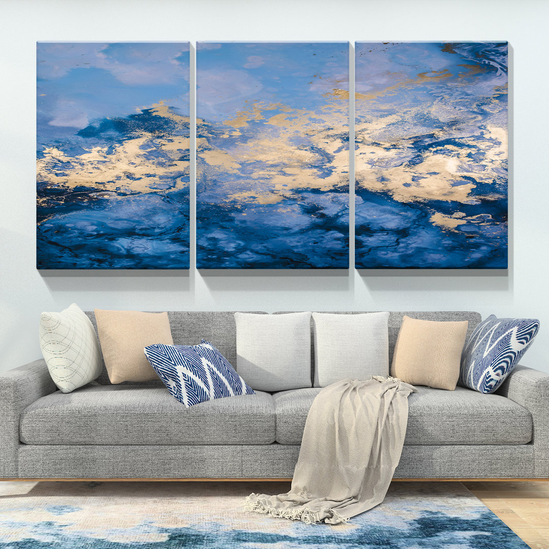 3 Panels Framed Canvas Gold & Blue Abstract Wall Art Decor Painting,Decoration For Living Room, Bedroom Decor-Ready To Hang Wrought Studio™ Overall 