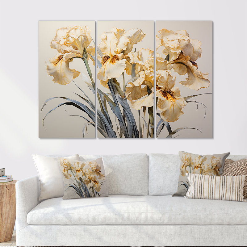 «Beige and Gold Minimalisme Irises I», ensemble d'art sur toile, H 32 po x l 48 po x P 1 po