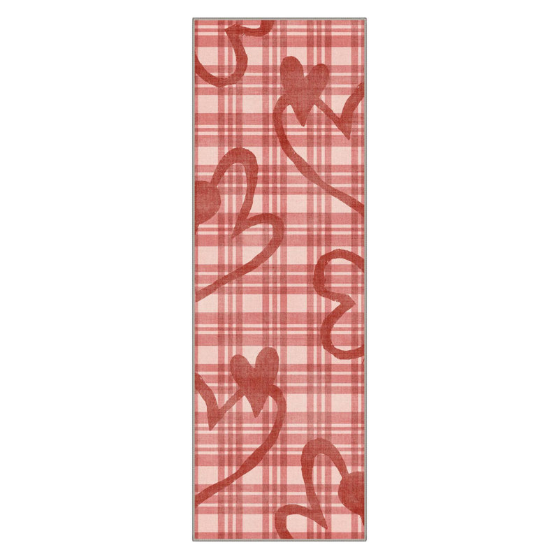 Preppyt Aesthetic Heart & Plaid  Machine Washable Red Indoor Area Rug with Non-Slip Backing, Runner 2' x 6'