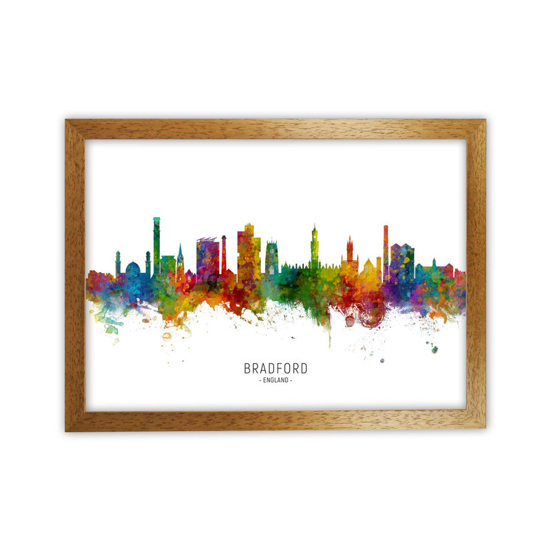 Bradford England Skyline by Michael Tompsett - Print, 34cm H x 46cm W x 3cm D, Brown Framed