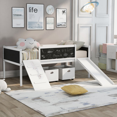 Arcadia Loft Bed With Two Storage Boxes, Rustic Pine And Chalkboard