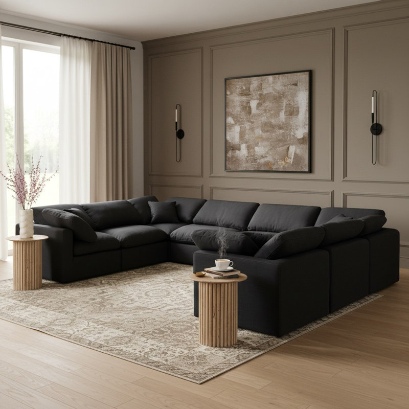 Canapé modulaire de coin rembourré 8 pièces Itala, Tissu texturé en lin noir