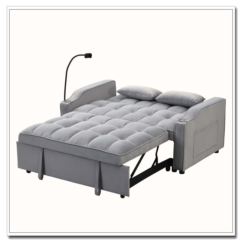 Canapé-lit en velours avec futon et causeuse, Gris clair