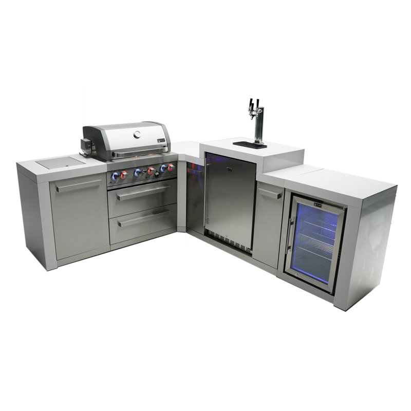 Mont Alpi Premium 82"w X 98"d Deluxe L-shaped Stainless Steel Outdoor Kitchen Island + 3-tap Kegerator Beer Dispenser + Refrigerator + 32"w 4-burner Bbq Grill + Storage Cabinets & Drawers + Rotisserie + Cover + Natural Gas Convertible + Lifetime Warranty