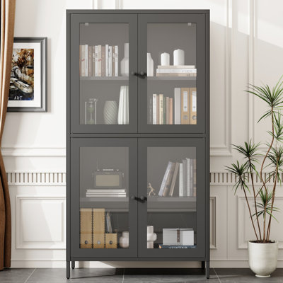 Bibliothèque autoportante en métal avec portes en verre renforcé pour cabinet d'étude classique à 4 tablettes - noir