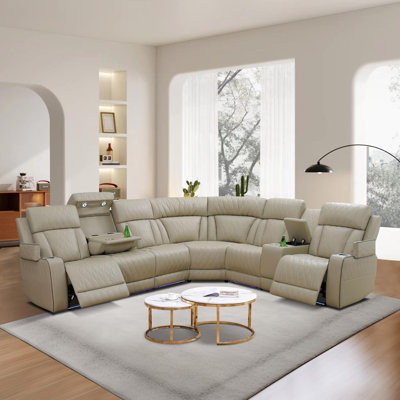 3-Piece Vegan Leather Home Theater Power Reclining Living Room Sectional Sofa Set With Wireless Chargers And LED Lights