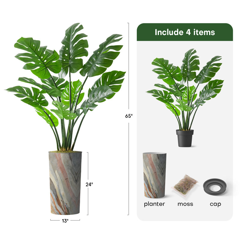 Arbre artificiel dans un pot de fleurs moderne, décoration d'arbre en soie artificielle Monstera (pot et arbre), H 65 po