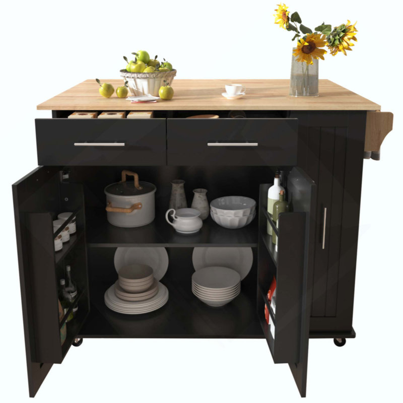 Kitchen Island With Drop Leaf, Kitchen Storage Cart With 3 Tier Pull Out Cabinet Organizer, Internal Storage Rack, Rolling Kitchen Cart On Wheels With Towel Rack, 2 Drawers, For Kitchen