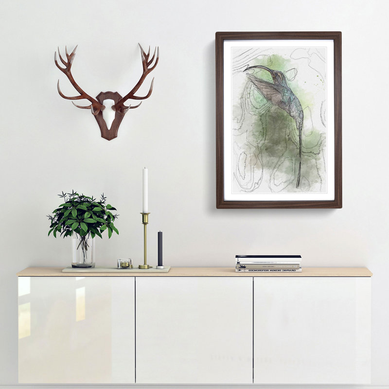 Green Hermit Hummingbird in Abstract - Picture Frame Graphic Art Print, 48cm H x 36cm W x 2cm D, Walnut Framed