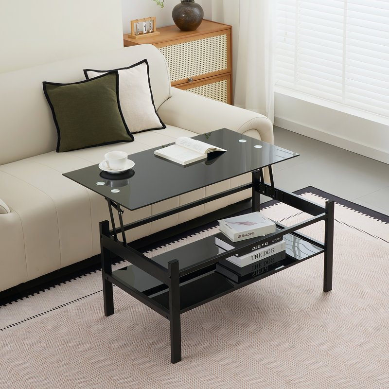 Table basse rectangulaire avec plateau en verre et tablette