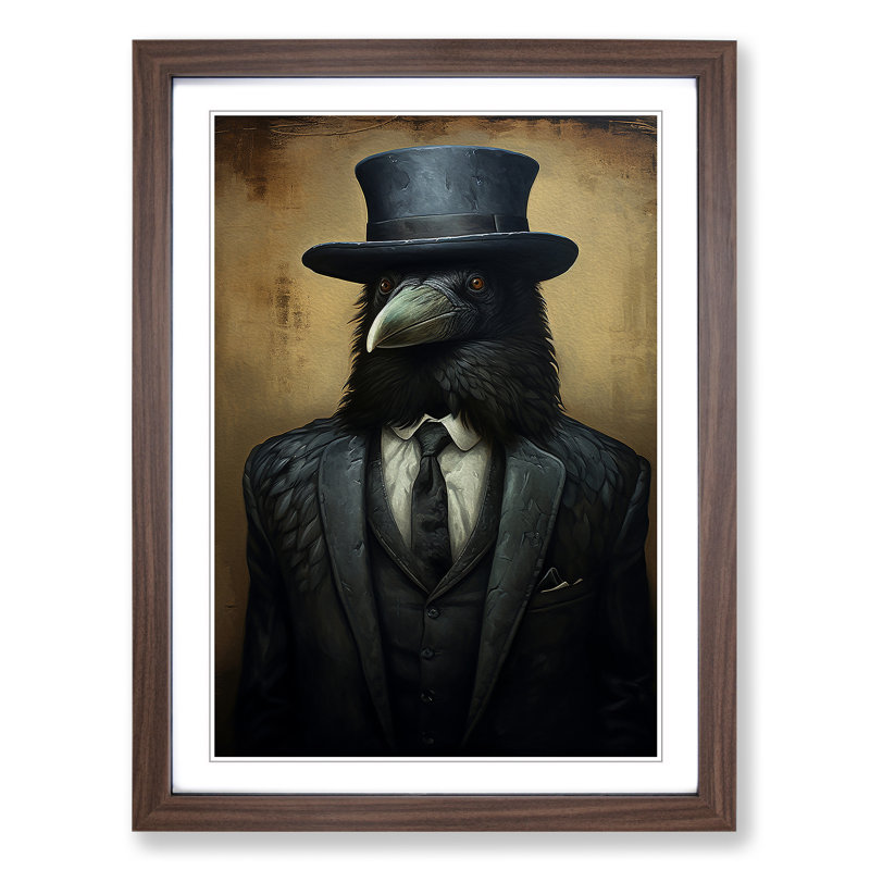 Crow In A Suit - Single Picture Frame Print on Wood, 64cm H x 46cm W x 2cm D, Walnut