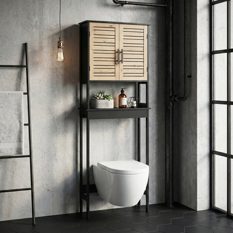 Armoire de rangement au-dessus de la toilette avec portes à double aération et tablette ouverte, noir et brun - Collection Bergen