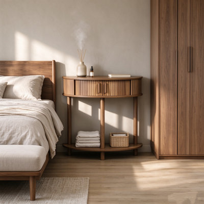 31,5 pouces cannelé demi-lune console de table de ferme en noyer avec canapé et table de décor d'entrée moderne pour vestibule de salon