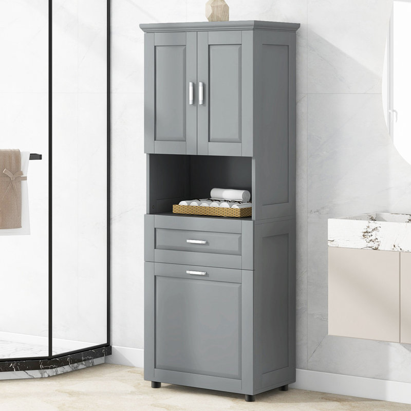 Grande armoire de salle de bain avec panier à linge, grand panier à linge inclinable et armoire de rangement supérieure, Gris