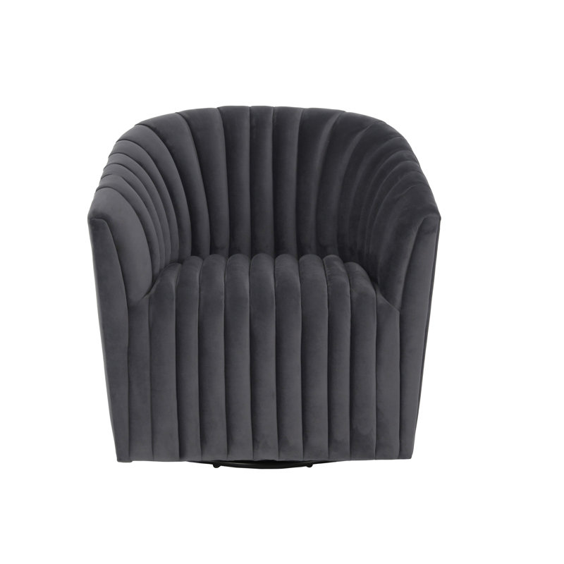 Handcrafted Gray Polyester Swivel Barrel Chair with Solid Wood Frame