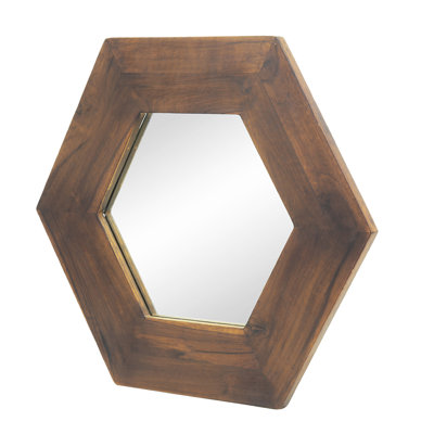 Hexagonal Mirror With Solid Wood Border, Wall Decoration Item, 18.5"X18.5", Dark Brown Hexagon Firm Backing, Living Room Bathroom Ornament, 18.5"X18.5