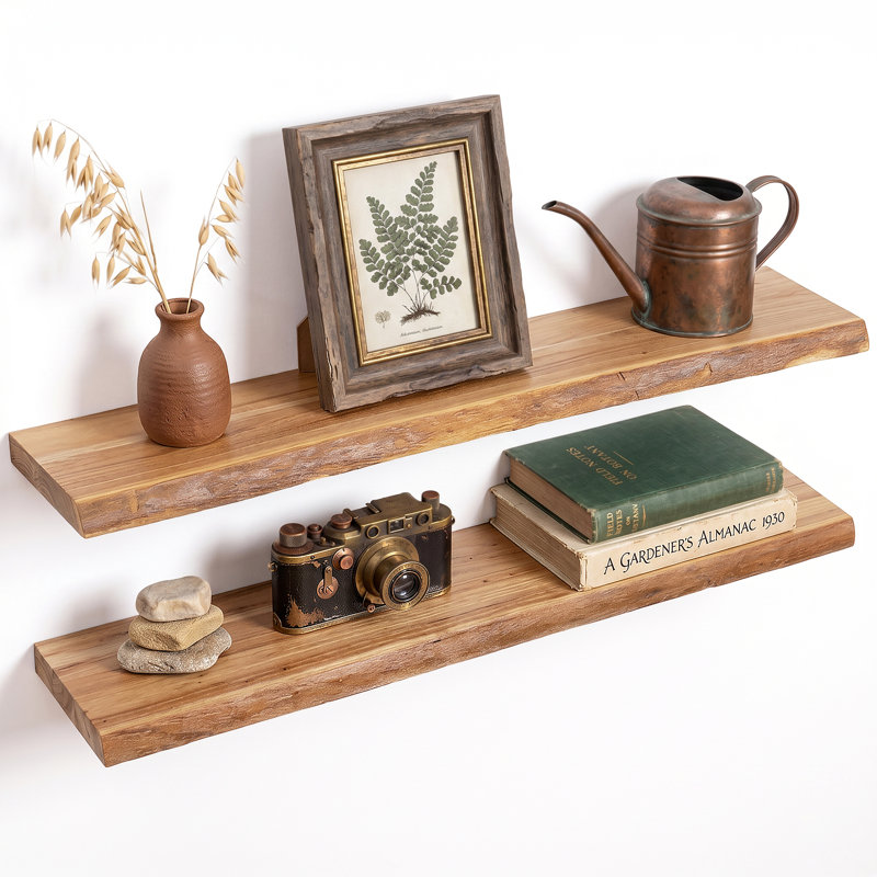 2 tablettes murales flottantes récupérées à rebord vivant, étagère de rangement murale en bois rustique, Naturel