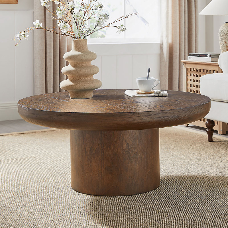 Table basse ronde 35,98 pouces avec pieds cylindriques et plateau de table en placage de bois