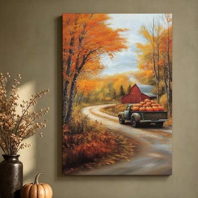 Route d'automne avec camion vintage - Décoration murale champêtre aux couleurs d'automne, impression sur toile tendue de 40,6 cm x 61 cm, prête à être accrochée dans le salon, la salle à manger ou le bureau.